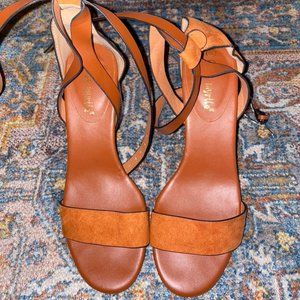 Tan, suede heels with wrap-around front strap
